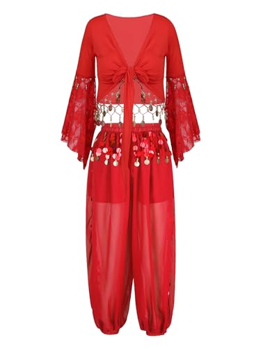 Mufeng Damen Bauchtanz Kostüm Arabien 1001 Nacht Mützen Oberteil Haremshose Indische Set Cosplay Fasching Karneval Tanzkostüm B Rot L von Mufeng