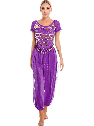 Mufeng Damen Bauchtanz Kostüm Arabien 1001 Nacht Mützen Oberteil Haremshose Indische Set Cosplay Fasching Karneval Tanzkostüm A Lila M von Mufeng