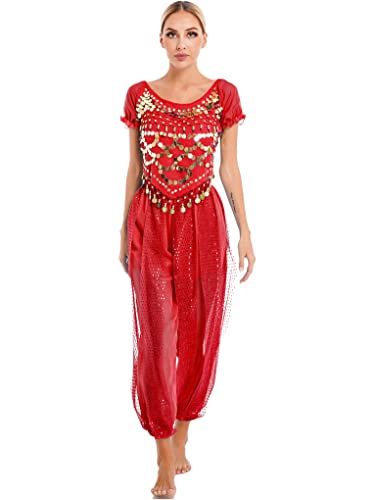 Mufeng Damen Bauchtanz Kostüm Arabien 1001 Nacht Mützen Oberteil Haremshose Indische Set Cosplay Fasching Karneval Tanzkostüm A Rot M von Mufeng