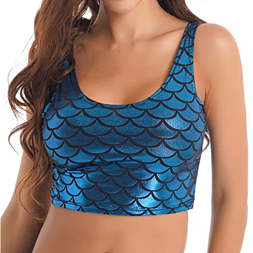 Mufeng Damen Glänzend Crop Top Meerjungfrau BH Bustier Fisch Bra Bikini Oberteil Karneval Kostüm Cosplay Clubwear Party Blau Einheitsgröße von Mufeng