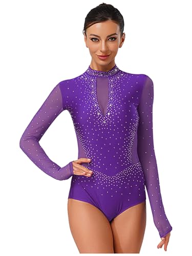 Mufeng Damen Gymnastikanzug Langarm Glitzer Turnanzug Strass Glänzend Ballettanzug Gymnastik Leotard Wettbewerb Tanzkostüm Lila M von Mufeng