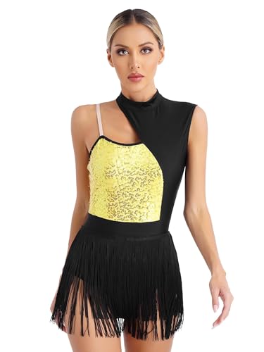 Mufeng Damen Tanzkleid Ärmellose Latein Kleid mit Pailletten Balletbody Fransen Tanzbody Wettbewerb Party Tanzkleidung A Gold L von Mufeng