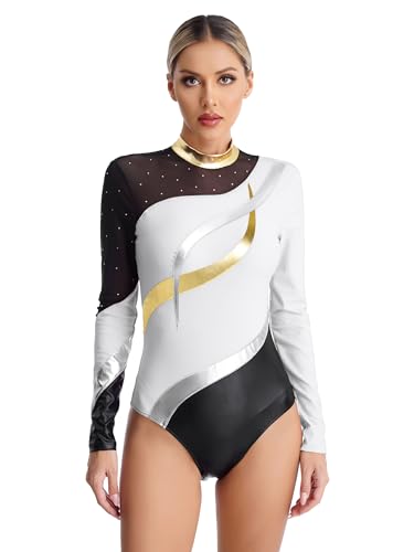 Mufeng Damen Glitzer Turnanzug Langarm Ballettanzug mit Strass Tanzbody Akrobatik Anzug Leotard Eiskunstlaufen Wettkampf Tanzkleidung F Weiß M von Mufeng