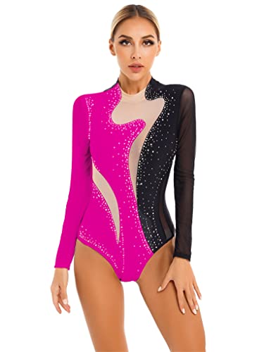 Mufeng Damen Turnanzug Langarm Gymnastikanzug mit Strass Glitzer Tanzbody Akrobatik Anzug Ballettbody Training Wettkampf Tanzkleidung Ab Schwarz&Rosa L von Mufeng