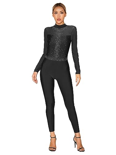 Mufeng Damen Turnanzug Langarm Tanzbody mit Strass Rückenfrei Ballett Trikot Ganzanzug Wettbewerb Gymnastik Eiskunstlaufen Tanzkleidung Schwarz M von Mufeng