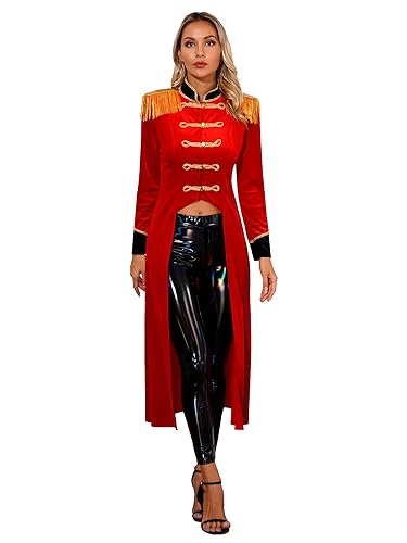 Mufeng Damen Zirkus Kostüm Lang Zirkusdirektorin Mantel mit Quasten Samt Mantel Smoking Jacke Fasching Karneval Halloween Cosplay Aa Rot 3XL von Mufeng