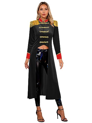 Mufeng Damen Zirkus Kostüm Lang Zirkusdirektorin Mantel mit Quasten Samt Mantel Smoking Jacke Fasching Karneval Halloween Cosplay Aa Schwarz XL von Mufeng