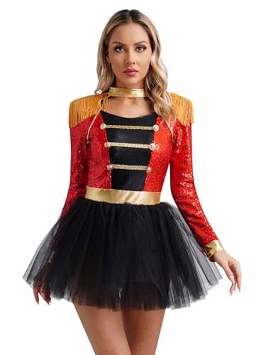 Mufeng Damen Zirkus Kostüm Langarm Zirkus Dompteurin Kleid mit Quasten Pailletten Tanzkleid Tuturock Karneval Fasching Kostüm Rot L von Mufeng