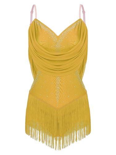 Mufeng Damenkleid Mit Pailletten Nappaleder Lateinamerikanisches Kleid Kunstlauf Body Ballett Trikot Jazz Samba Rumba Salsa Kostüm Gelb M von Mufeng