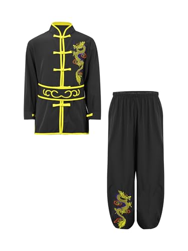 Mufeng Kinder Jungen Tai Chi Uniform Langarm Kung Fu Shirt mit Wushu Hose Chinesisch Kung Fu Wing Chun Stickerei Kostüm Set Sport Schwarz 146-152 von Mufeng