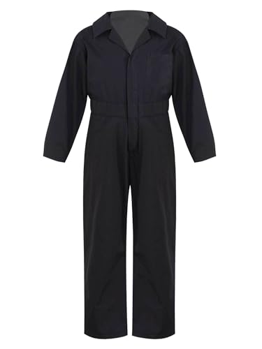 Mufeng Kinder Jungen Jumpsuit Overall Arbeitslatzhose Coveralls mit Buttons Baumwolle Arbeitsoverall Schutzanzug Einfarbig B Schwarz 170-176 von Mufeng