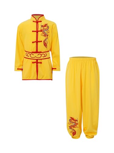 Mufeng Kinder Jungen Tai Chi Uniform Langarm Kung Fu Shirt mit Wushu Hose Chinesisch Kung Fu Wing Chun Stickerei Kostüm Set Sport Gelb 110-116 von Mufeng