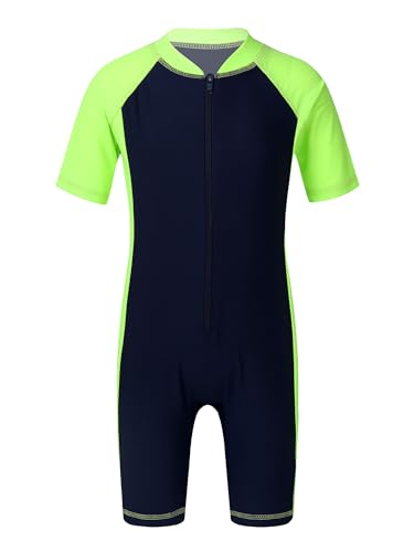 Mufeng Kinder Mädchen Badeanzug Einteiler Bademode Kurzarm Schwimmanzug mit Bein Neoprenanzug UV Schutz Schwimmen Badebekleidung A Marineblau Fluorescene B 152-164 von Mufeng