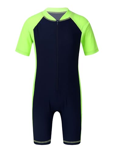 Mufeng Kinder Mädchen Badeanzug Einteiler Bademode Kurzarm Schwimmanzug mit Bein Neoprenanzug UV Schutz Schwimmen Badebekleidung A Marineblau Fluorescene B 128-140 von Mufeng