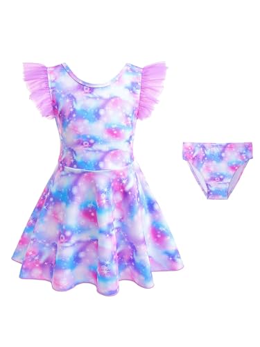 Mufeng Kinder Mädchen Badekleid Fliegenden Ärmeln Schwimmkleid mit Fischschuppen Druck + Bikini Hose Schwimmanzug Surfen Badebekleidung Lila 146-152 von Mufeng