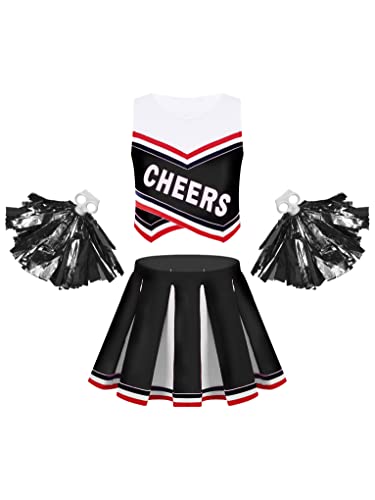 Mufeng Kinder Mädchen Cheer Leading Kleidung Set Crop Top + Minirok + Pompoms Cheer Leader Kostüm Tanzkostüm Schul Uniform Fasching Party Kostüm A Schwarz 122-128 von Mufeng