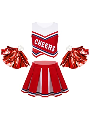 Mufeng Kinder Mädchen Cheer Leading Kleidung Set Crop Top + Minirok + Pompoms Cheer Leader Kostüm Tanzkostüm Schul Uniform Fasching Party Kostüm A Rot 170-176 von Mufeng