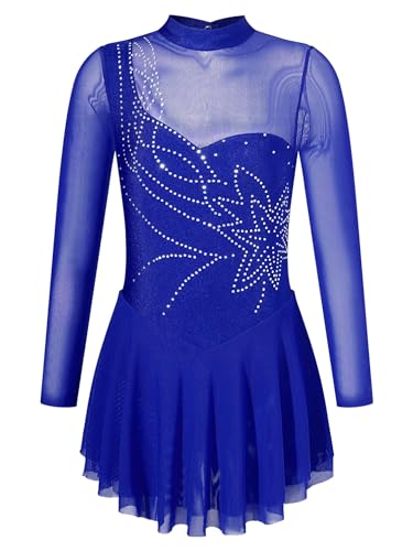 Mufeng Kinder Mädchen Eiskunstlauf Kleid Langarm Tanzkleid mit Strass Ballettkleid Bühnenauftritt Wettkampf Tanzkleidung A Königsblau 158-164 von Mufeng