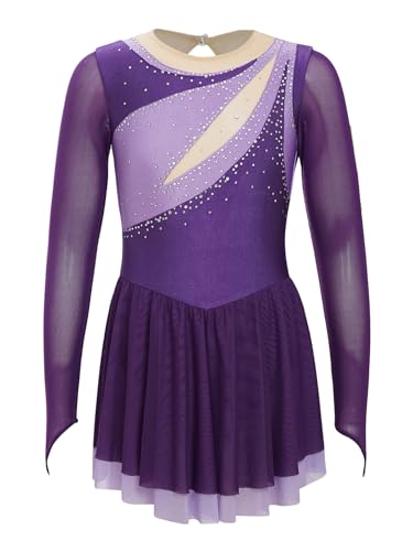 Mufeng Kinder Mädchen Eiskustlauf Kleid Langarm Rollschuhlaufkleid Mit Strass Ballettkleid Tanzbody Bühnenauftritt Lyrisch Tanzkleidung Lila 110-116 von Mufeng