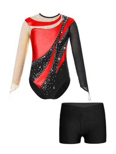 Mufeng Kinder Mädchen Glänzend Turnanzug Langarm Gymnastikbody mit Kurze Hose Ballettanzug mit Strass Trikotanzug Training Rot schwarz 110-116 von Mufeng