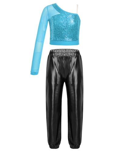 Mufeng Kinder Mädchen Glitzer Tanz Outfit EIN Schulter Crop Top mit Pailletten + Lang Hose Tanzanzug Hip Hop Jazz Tanzkleidung A Hellblau und Schwarz 158-164 von Mufeng