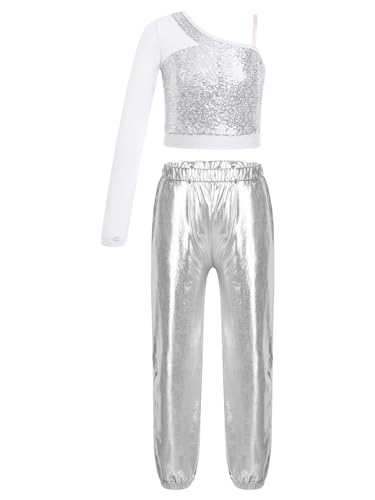 Mufeng Kinder Mädchen Glitzer Tanz Outfit EIN Schulter Crop Top mit Pailletten + Lang Hose Tanzanzug Hip Hop Jazz Tanzkleidung A Silber 170-176 von Mufeng