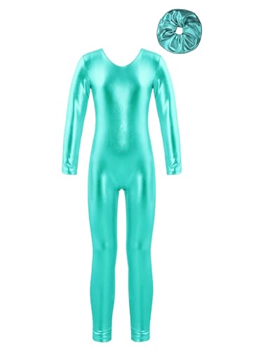 Mufeng Kinder Mädchen Gymnastikbody Langarm Ganzkörperanzug Tanzbody + Kopfbedeckung Eiskunstlauf Body Turnanzug Wettkampf See Grün 122-128 von Mufeng