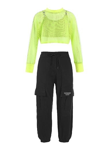 Mufeng Kinder Mädchen Hip Hop Kleidung Set Langarm Netz Shirt + Crop Top + Cargo Hose Tanz Outfit Workout Tanzkleidung A Leuchtendes Grün 134-140 von Mufeng