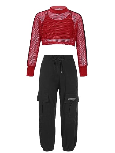 Mufeng Kinder Mädchen Hip Hop Kleidung Set Langarm Netz Shirt + Crop Top + Cargo Hose Tanz Outfit Workout Tanzkleidung A Rot 146-152 von Mufeng