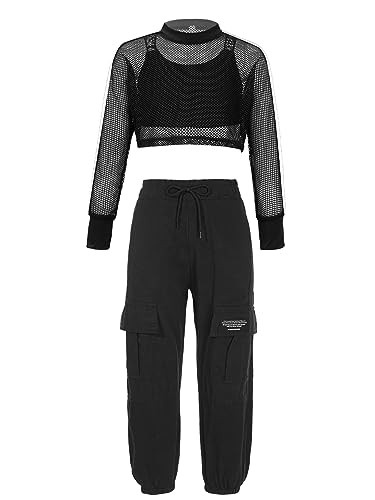 Mufeng Kinder Mädchen Hip Hop Kleidung Set Langarm Netz Shirt + Crop Top + Cargo Hose Tanz Outfit Jazz Training Workout Tanzkleidung A Schwarz 146-152 von Mufeng