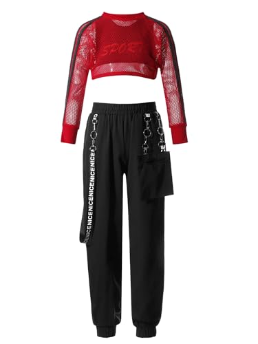 Mufeng Kinder Mädchen Hip Hop Kleidung Set Langarm Netzshirt + Crop Top + Cargo Hose Sport Kleidung Set Training Bühnenauftritte Rot 158-164 von Mufeng