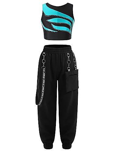 Mufeng Kinder Mädchen Sport Set Lang Caro Hose + Tank Top Mit Strass Hip Hop Kleidung Jazz Bühnenauftritt Tanzkleidung See Grün 158-164 von Mufeng