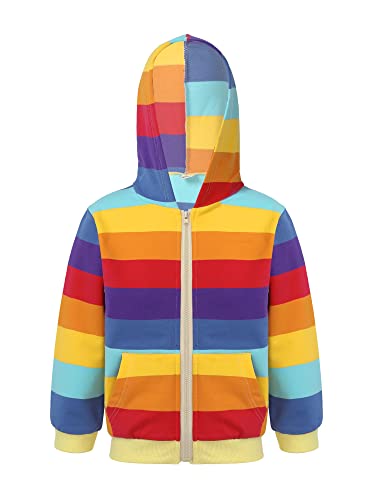 Mufeng Kinder Mädchen Sweatshirt Hoodie Regenbogen Shirt Langarmshirt Kapuzenpullover mit Taschen Streifen Jumper Tops Sport Urlaub Freiezit A Dunkle Regenbogen 122-128 von Mufeng