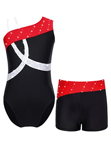 Mufeng Kinder Mädchen Turnanzug Ärmellos Tanzbody Mit Strass + Kurze Hose Tanz Trikot Set Bühnenauftritt Wettkampf Tanzbekleidung A Schwarz & Rot 122-128 von Mufeng