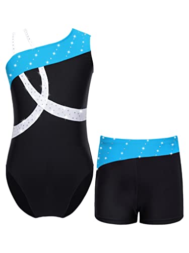 Mufeng Kinder Mädchen Turnanzug Ärmellos Tanzbody Mit Strass + Kurze Hose Tanz Trikot Set Bühnenauftritt Wettkampf Tanzbekleidung A Blau 146-152 von Mufeng