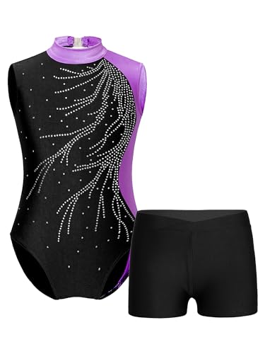 Mufeng Kinder Mädchen Turnanzug Ärmellose Gymnastikanzug + Sportshorts Ballettanzug mit Strass Wettkampf Tanzkleidung A Lila 134-140 von Mufeng