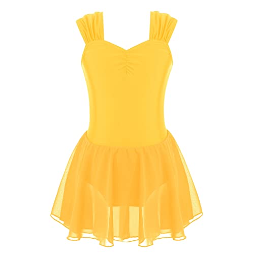 Mufeng Mädchen Ballettkleid Ballettkleidung Ärmellos Ballettanzug Kinder Tanzkleid Baumwolle Balletttrikot Tanzbody mit Rock Tütü Gelb 122-128 von Mufeng