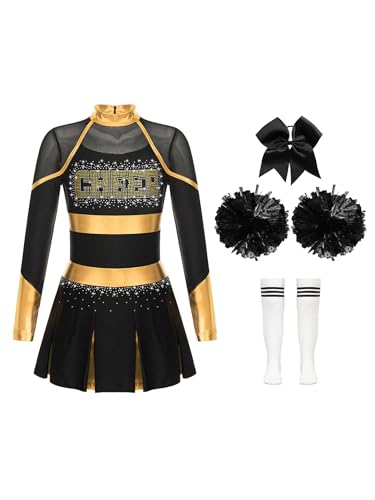 Mufeng Mädchen Cheer Leadering Kostüm Langarm Cheer Leader Kleid mit Strass + Socken + Pompoms + Kopfbedeckung Party Cosplay Kostüm Gold und Weiß 134-140 von Mufeng
