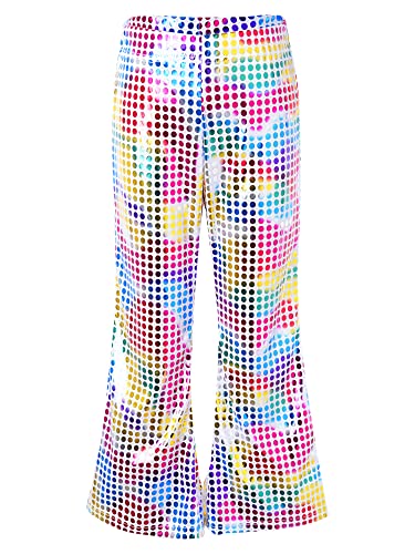 Mufeng Mädchen Glänzende Hose Schlaghose mit Pailletten 70er Retro Kostüm Hose Pants Leggings Tanzhose Fasching Karneval Kostüm A Bunt 170-176 von Mufeng