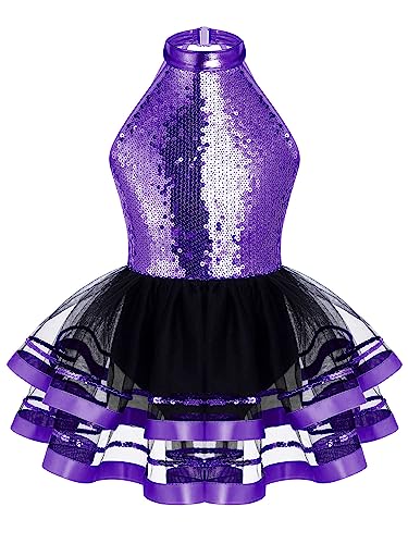 Mufeng Mädchen Glitzer Ballettkleid Ärmellos Tanzkleid mit Pailletten Neckholder Ballettanzug Tutu Rock Bühnenauftritt Tanzkleidung Aa Lila 122-128 von Mufeng