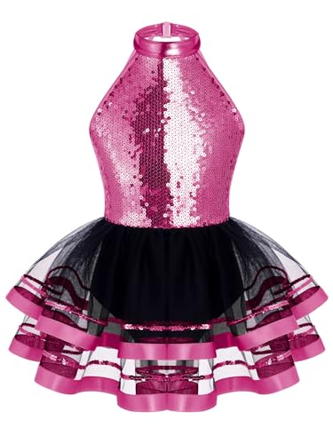 Mufeng Mädchen Glitzer Ballettkleid Ärmellos Tanzkleid mit Pailletten Neckholder Ballettanzug Tutu Rock Bühnenauftritt Tanzkleidung Ab Rose 134-140 von Mufeng