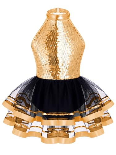 Mufeng Mädchen Glitzer Ballettkleid Ärmellos Tanzkleid mit Pailletten Neckholder Ballettanzug Tutu Rock Bühnenauftritt Tanzkleidung Ab Sekt 134-140 von Mufeng