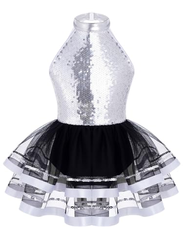 Mufeng Mädchen Glitzer Ballettkleid Ärmellos Tanzkleid mit Pailletten Neckholder Ballettanzug Tutu Rock Bühnenauftritt Tanzkleidung Ab Silber 170-176 von Mufeng