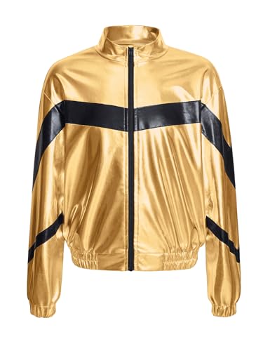 Mufeng Mädchen Jungen Glitzer Jacke Sweatjacke mit Reißverschluss College Jacke Übergangsjacke Jazz Hip Hip Bühnenauftritt Tanzkleidung Gold 122-128 von Mufeng