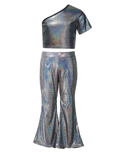 Mufeng Mädchen Metallic Tanz Bekleidung Set EIN Schulter Crop Top + Schlaghose Glitzer Tanzanzug Hip Hop Set Trainingsanzug Bühnenauftritte Schwarz 134-140 von Mufeng