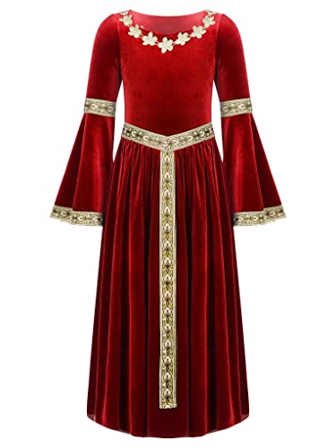 Mufeng Mädchen Mittelalterliches Kleid Langarm Samt Kleid Vintage Renaissance Kleid Cosplay Fasching Karneval Party Verkleidung A Rot 122-128 von Mufeng