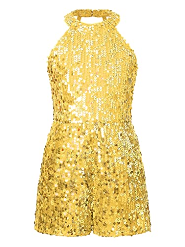 Mufeng Mädchen Turnanzug Glitzer Gymnastikanzug Glänzend Gymnastik Leotard Pailletten Body Overall Kurz Jumpsuit Wettbewerb Tanzkostüm Gold 158-164 von Mufeng