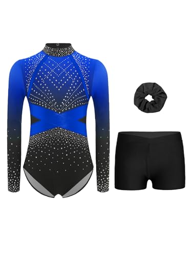 Mufeng Mädchen Turnanzug Langarm Gymnastikanzug Glitzer Strass Ballettanzug mit Shorts Haarband Leotards Eislaufen Wettbewerb Tanzkostüm Blau 158-164 von Mufeng