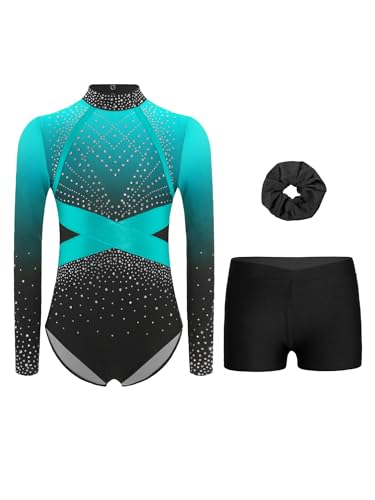 Mufeng Mädchen Turnanzug Langarm Gymnastikanzug Glitzer Strass Ballettanzug mit Shorts Haarband Leotards Eislaufen Wettbewerb Tanzkostüm Hellblau 146-152 von Mufeng