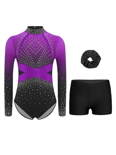 Mufeng Mädchen Turnanzug Langarm Gymnastikanzug Glitzer Strass Ballettanzug mit Shorts Haarband Leotards Eislaufen Wettbewerb Tanzkostüm Lila 146-152 von Mufeng
